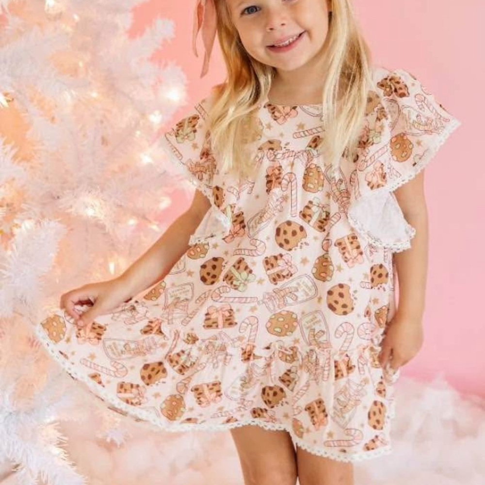 Cheeky Plum Santa’s Sweet Treats Nora Dress Pink Milk Cookies Christmas 18-24 Mo
